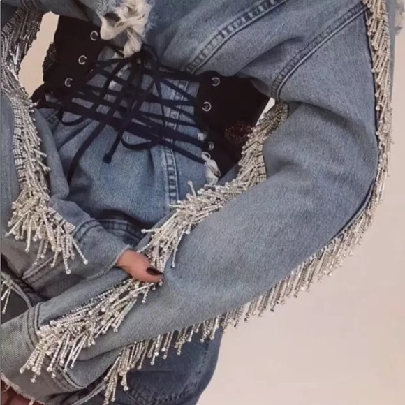 Kylie Taylor Swift Cowboy Diamond Denim Embellished Rhinestone Jean Jacket - Picture 3 of 11